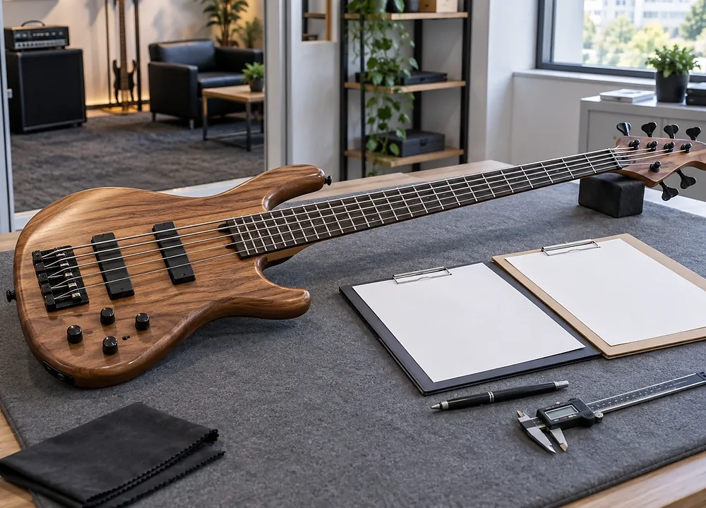 Electric bass prepared for specification review