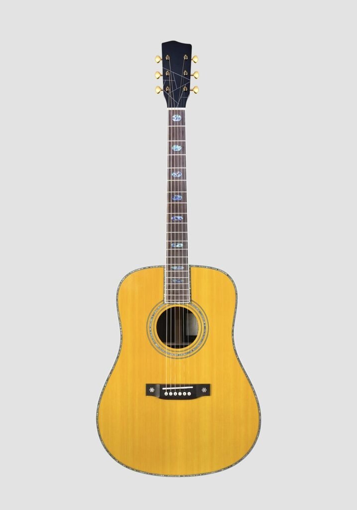 Front view of a natural-finish acoustic guitar
