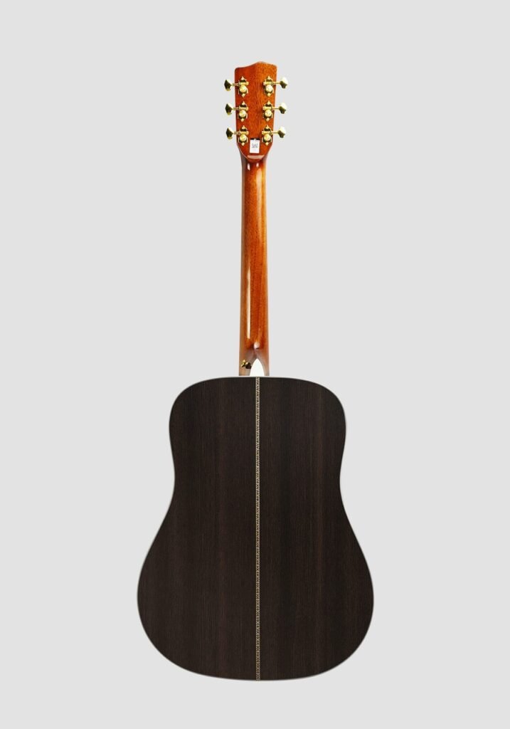 Rear view of an acoustic guitar with visible wood grain
