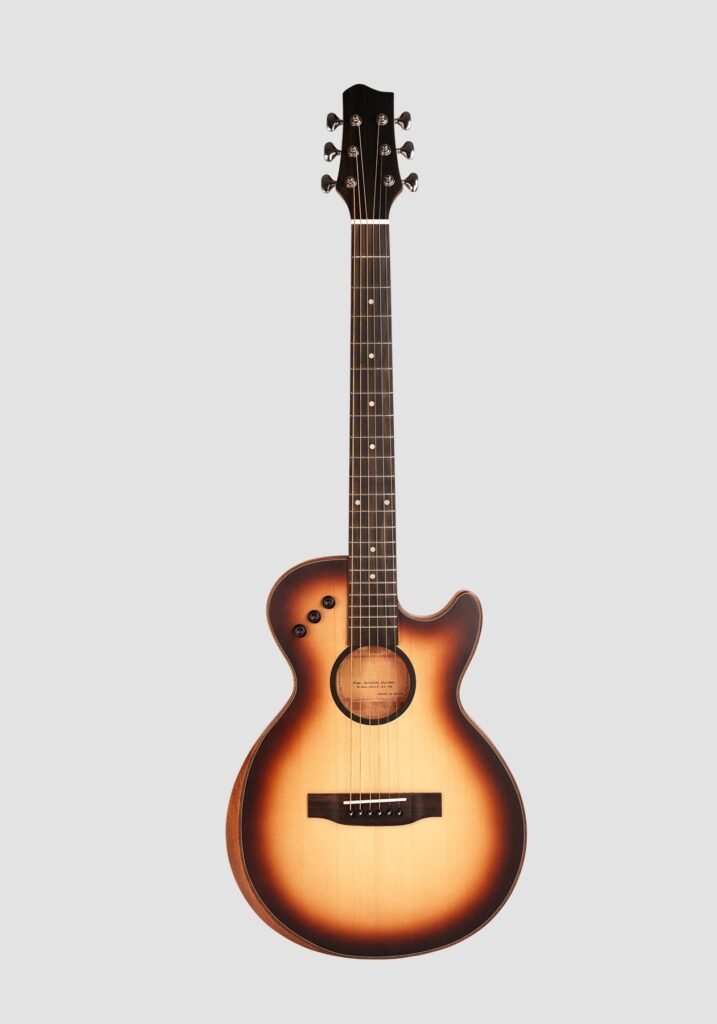 Front view of a sunburst cutaway acoustic guitar