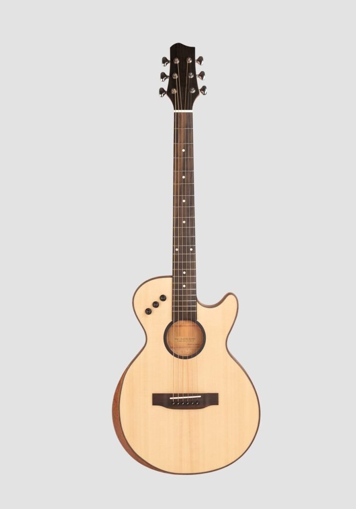 Front view of a natural-finish cutaway acoustic guitar