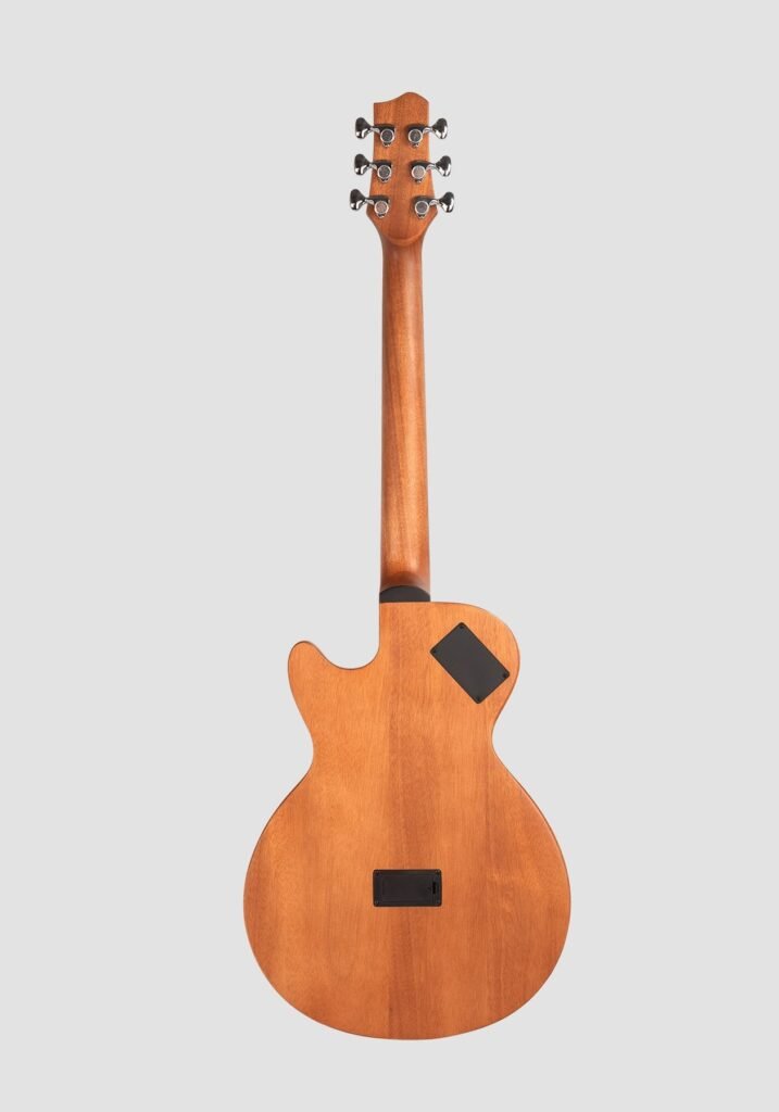 Rear view of an acoustic guitar body and neck