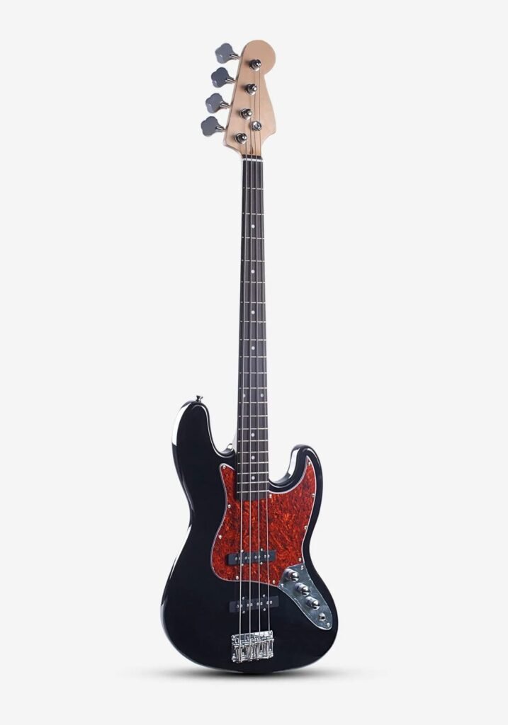 Front view of a black four-string electric bass