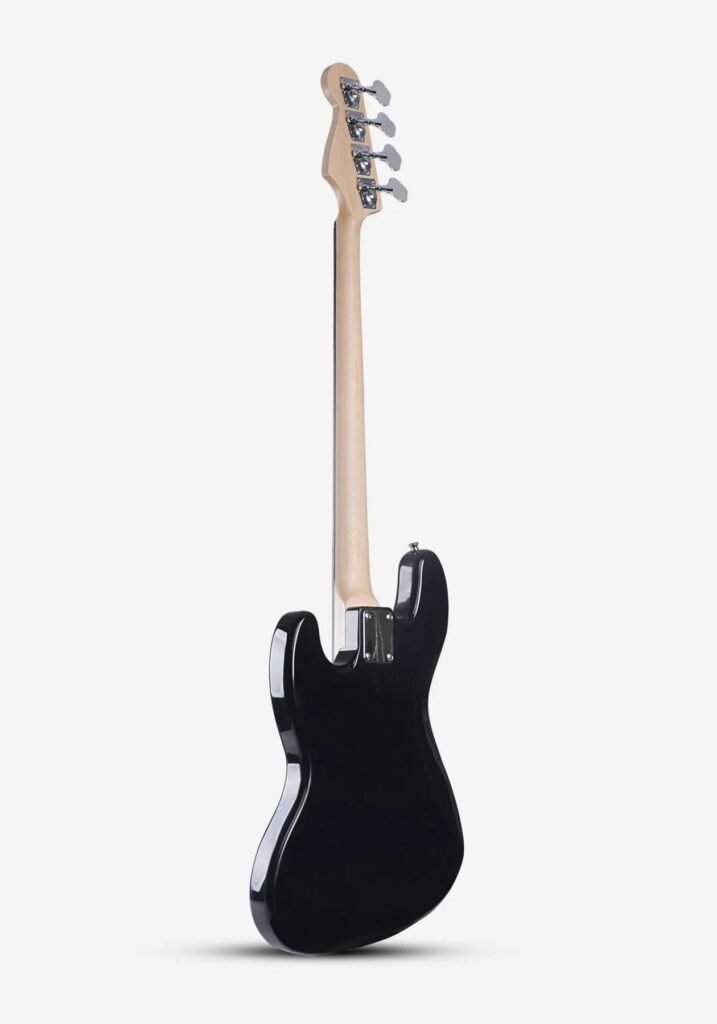Rear view of an electric bass body and bolt-on neck