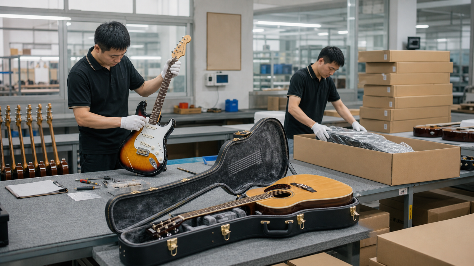 Vinesmusical workers checking and packing electric guitars before shipment