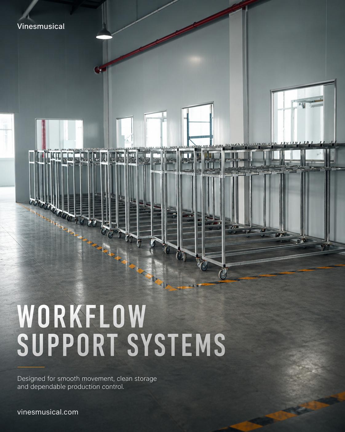 Organized production carts inside the Vinesmusical guitar factory
