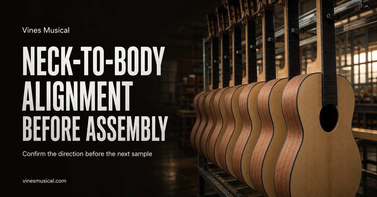 Acoustic guitar bodies aligned before assembly at Vinesmusical factory
