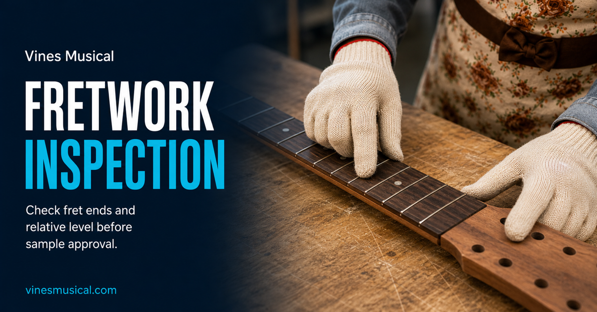 Fretwork inspection on an OEM guitar neck before sample approval