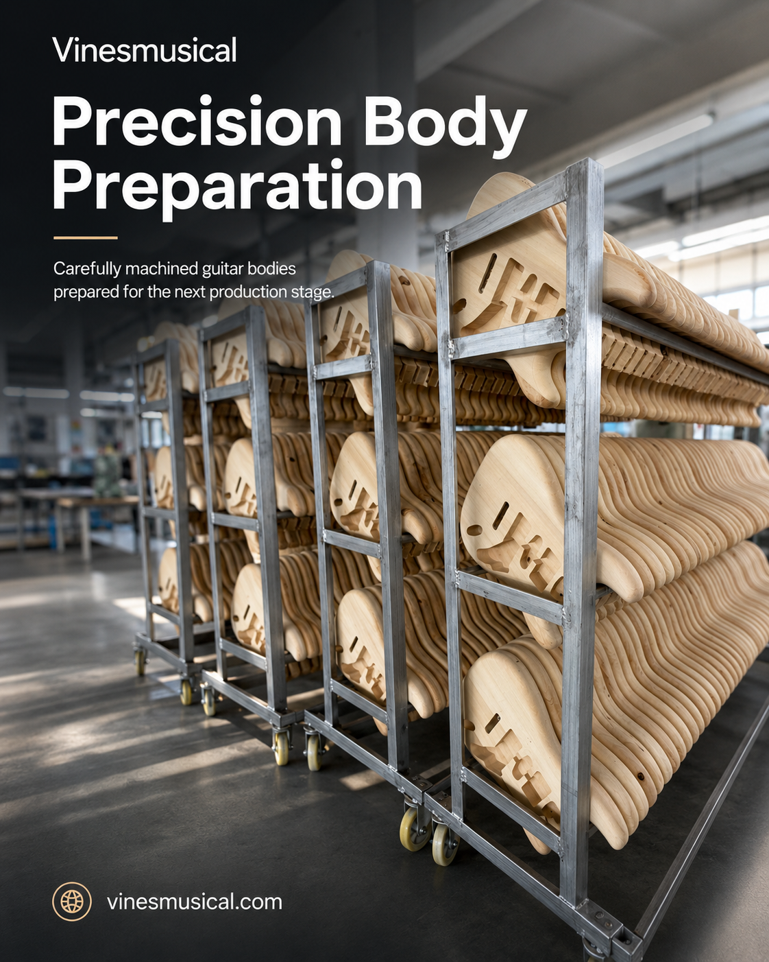 Unfinished electric guitar bodies prepared on separate production racks