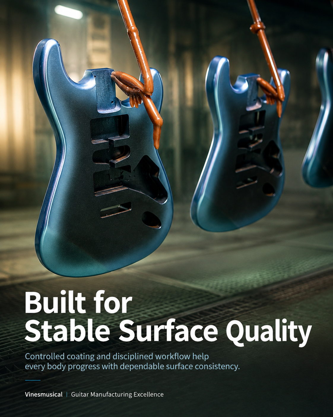 Electric guitar bodies hanging after controlled color coating