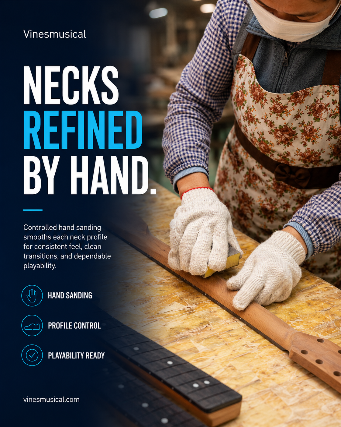 Vinesmusical worker refining guitar neck profiles by hand