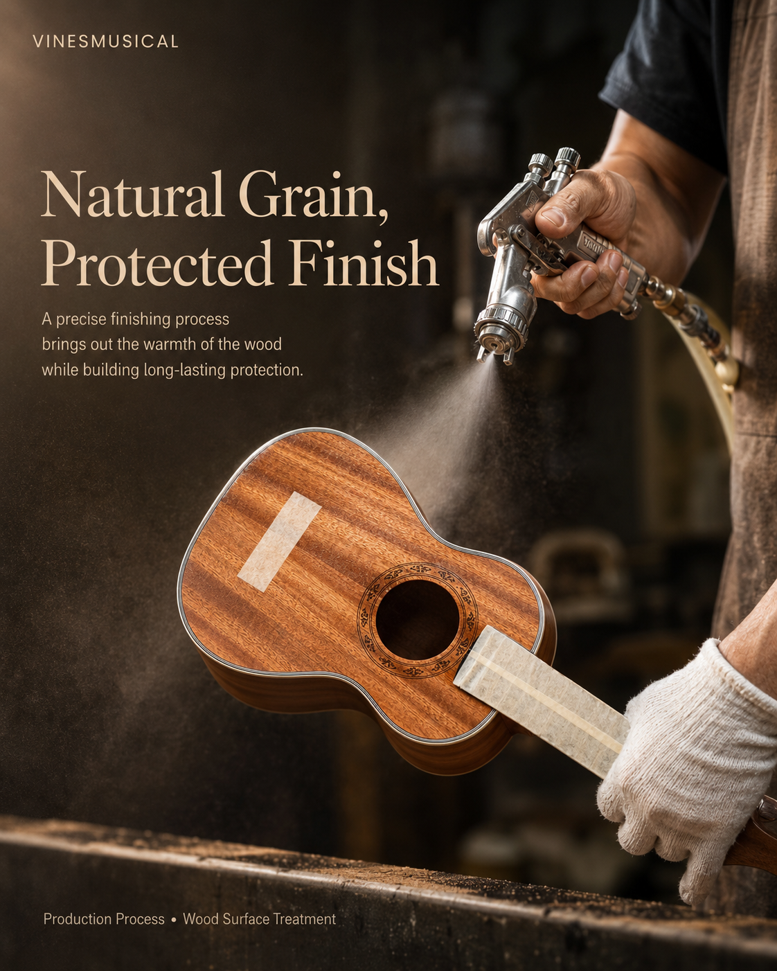 Natural grain visible while a guitar body receives a protective finish