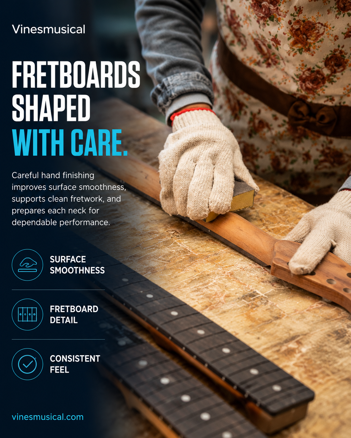 Vinesmusical worker hand-finishing guitar fretboards before assembly
