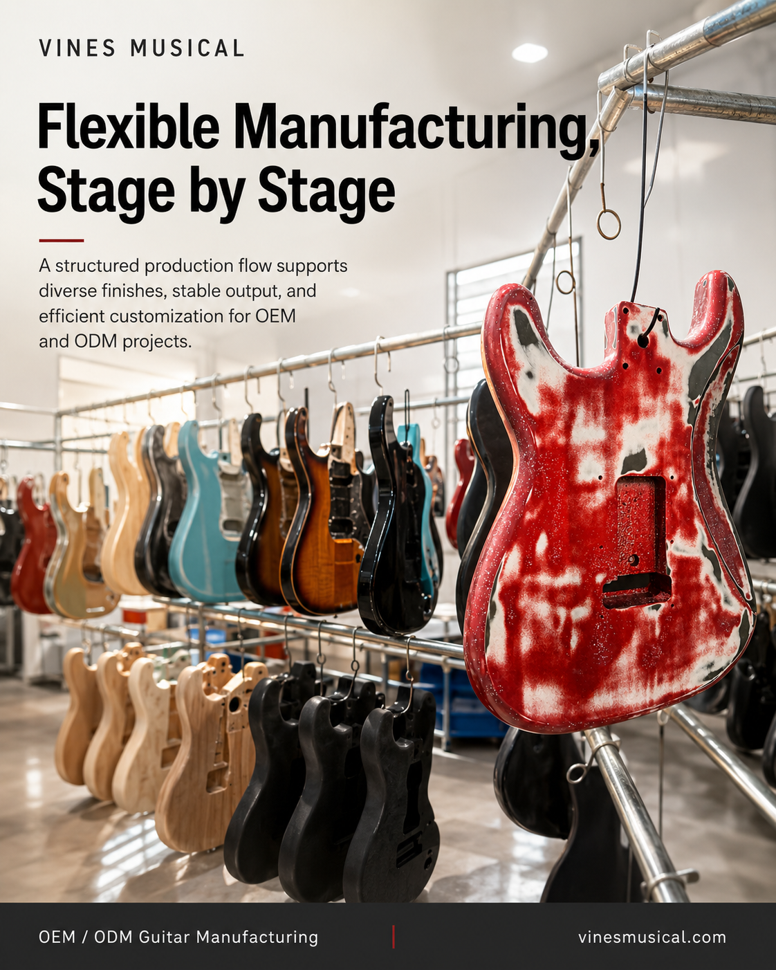 Flexible guitar manufacturing stages for OEM branding projects