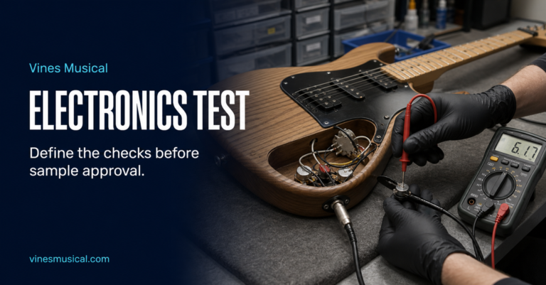 Electric guitar electronics being checked with a multimeter before batch approval