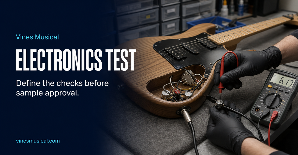 Electric guitar electronics being checked with a multimeter before batch approval