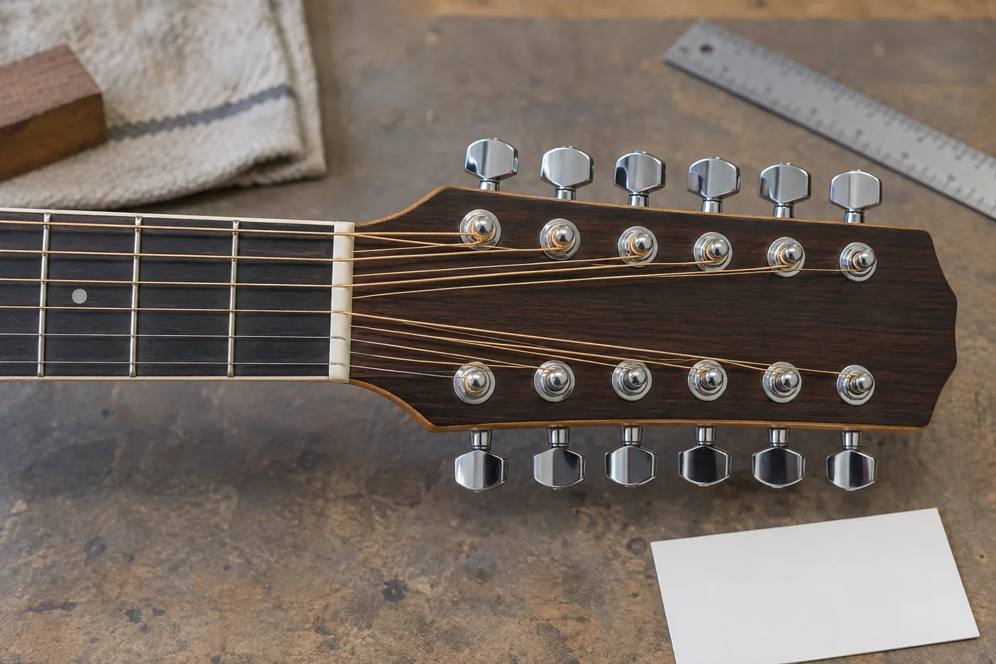 Illustrative 12-string acoustic paired-course and headstock review