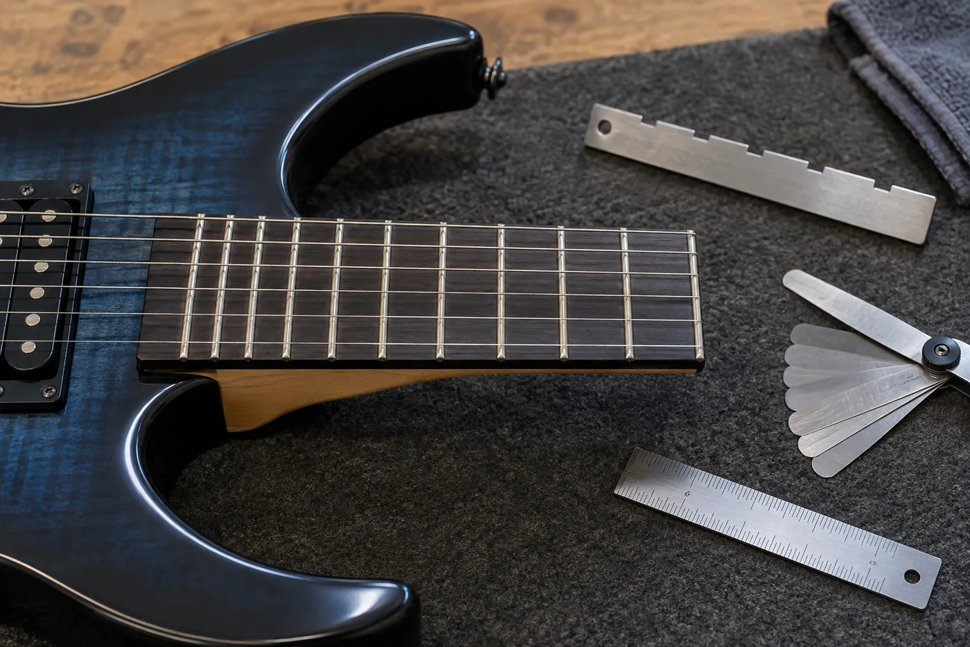Illustrative 24-fret electric guitar upper-fret access and setup inspection