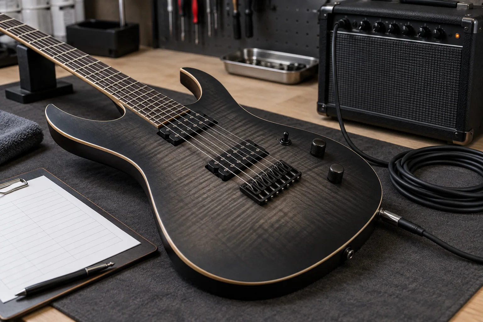 Illustrative seven-string electric guitar electronics and setup inspection