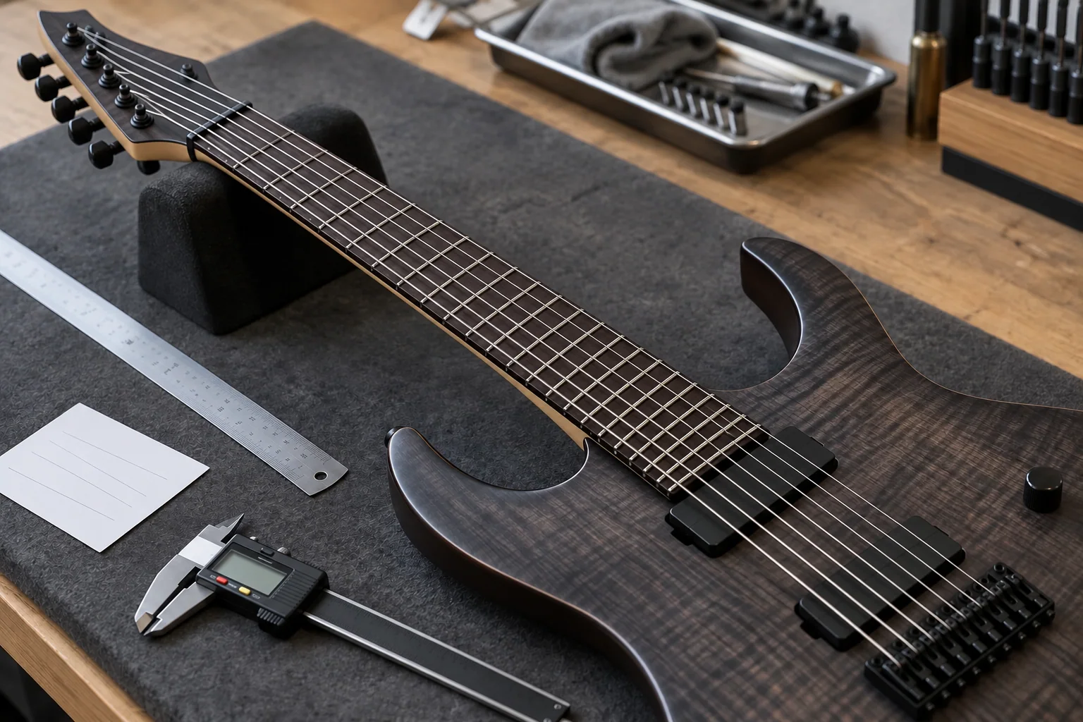 Illustrative seven-string electric guitar scale and neck measurement