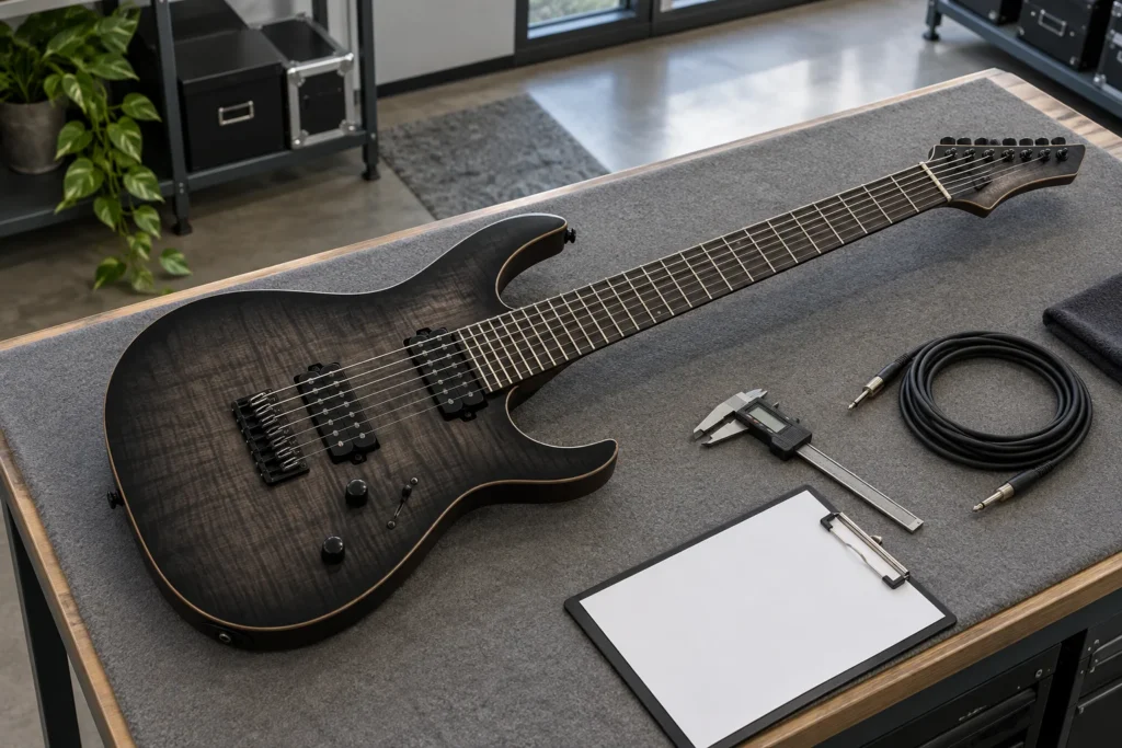 Illustrative seven-string electric guitar prepared for wholesale specification review