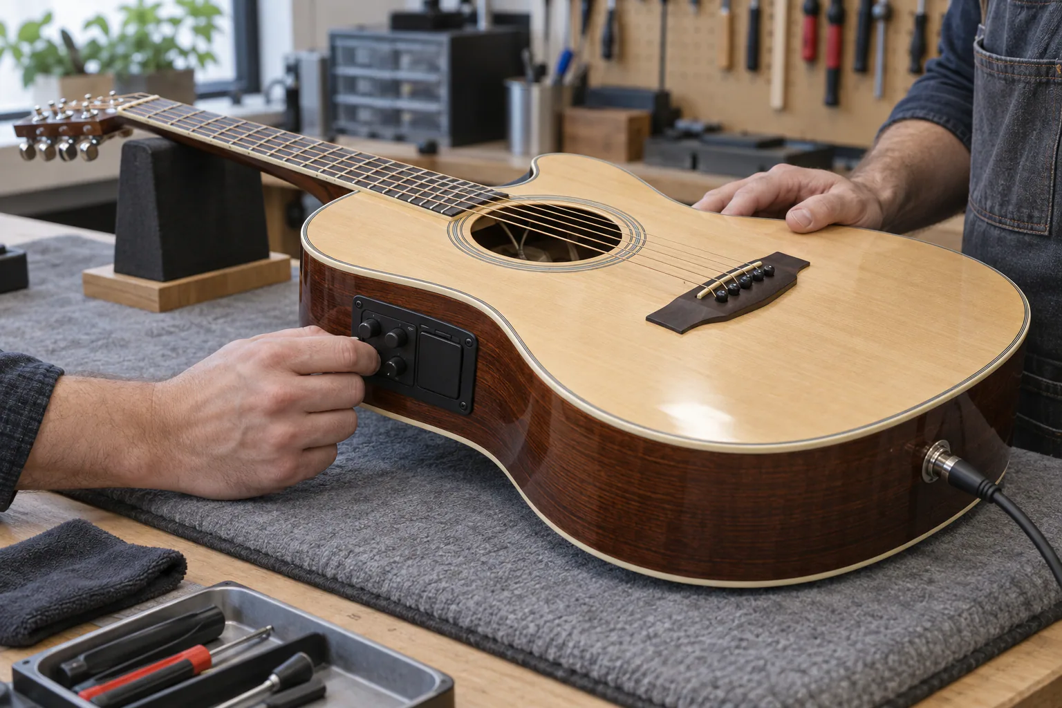 Illustrative acoustic-electric guitar pickup preamp and output-jack review