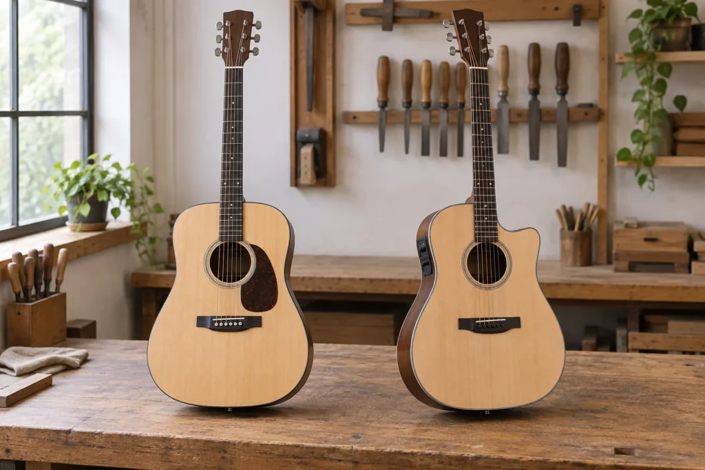 Illustrative acoustic and acoustic-electric guitar comparison for retail buyers