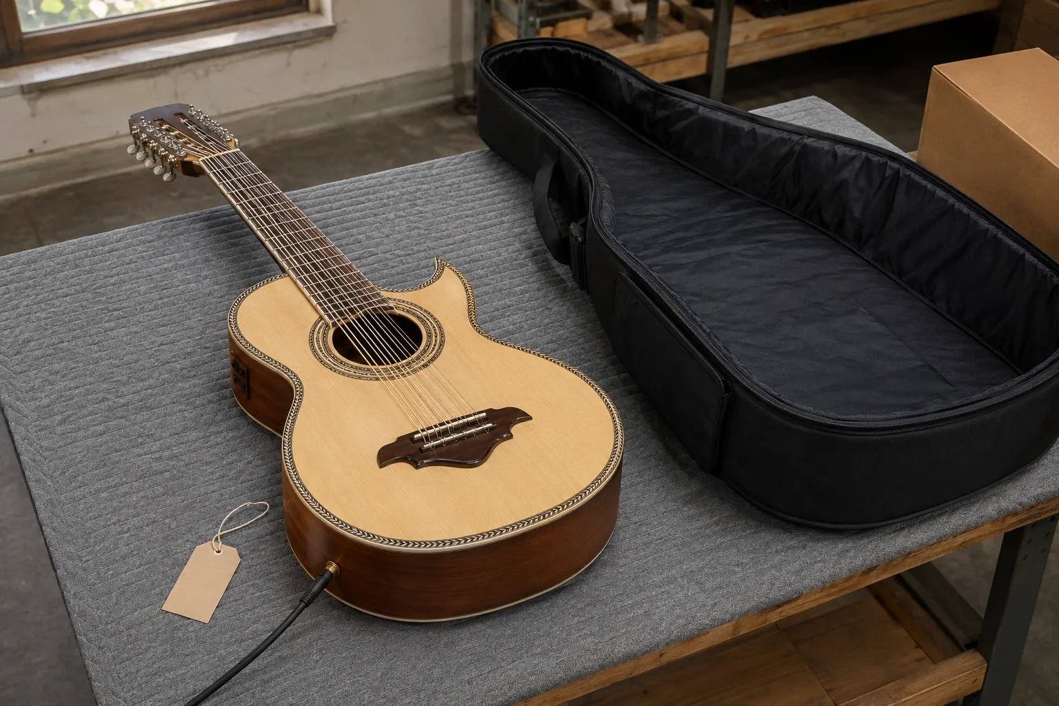 Illustrative acoustic-electric bajo quinto output and packing inspection