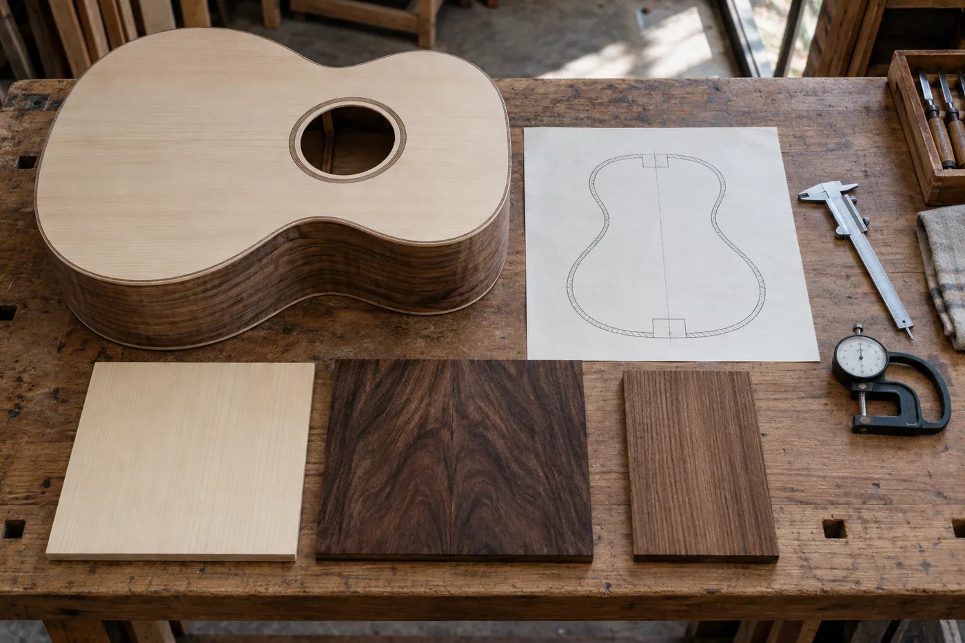 Illustrative bajo quinto top back and side construction comparison