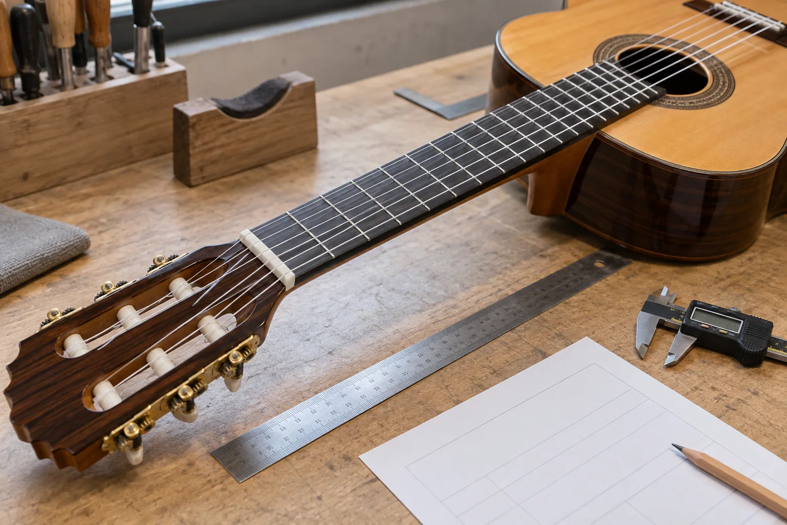 Illustrative classical guitar scale and nut measurement review