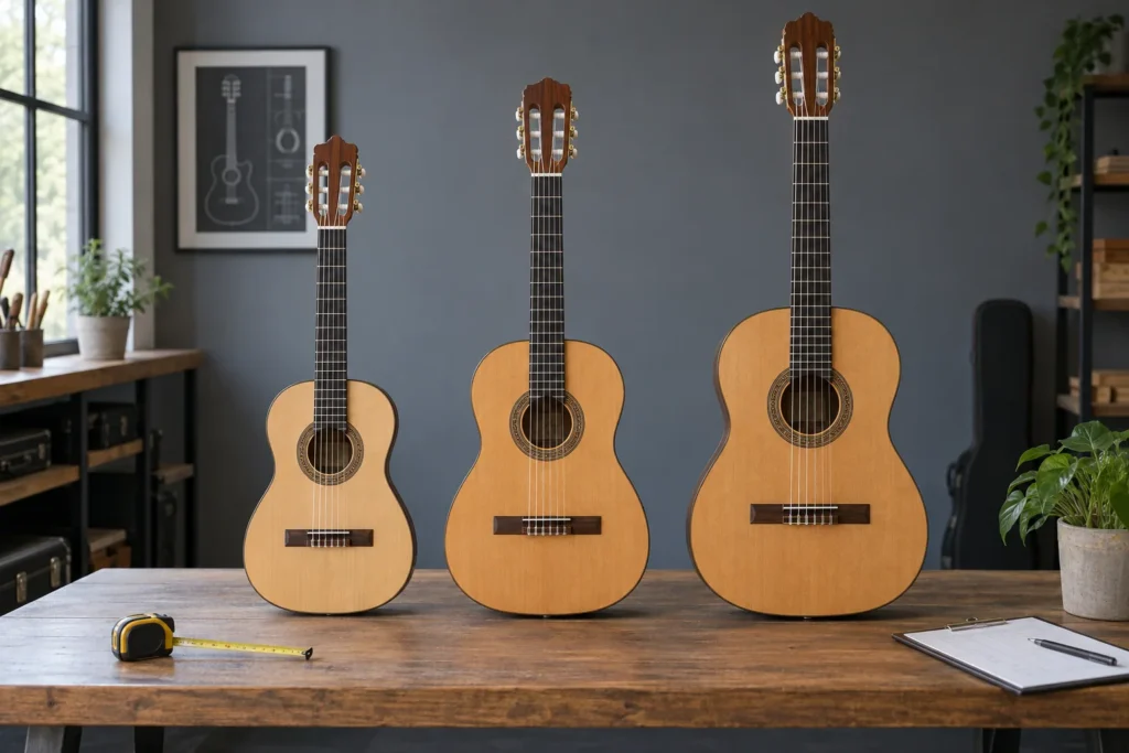 Illustrative lineup of half-size three-quarter-size and full-size classical guitars for buyer review