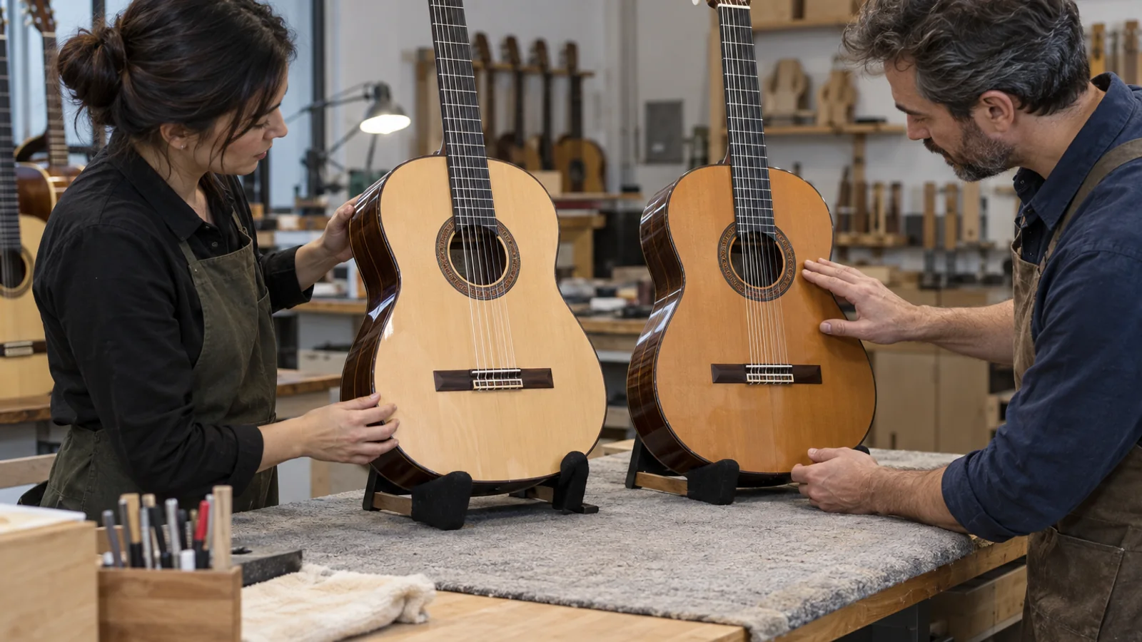 Illustrative cedar and spruce classical guitar sample approval setup