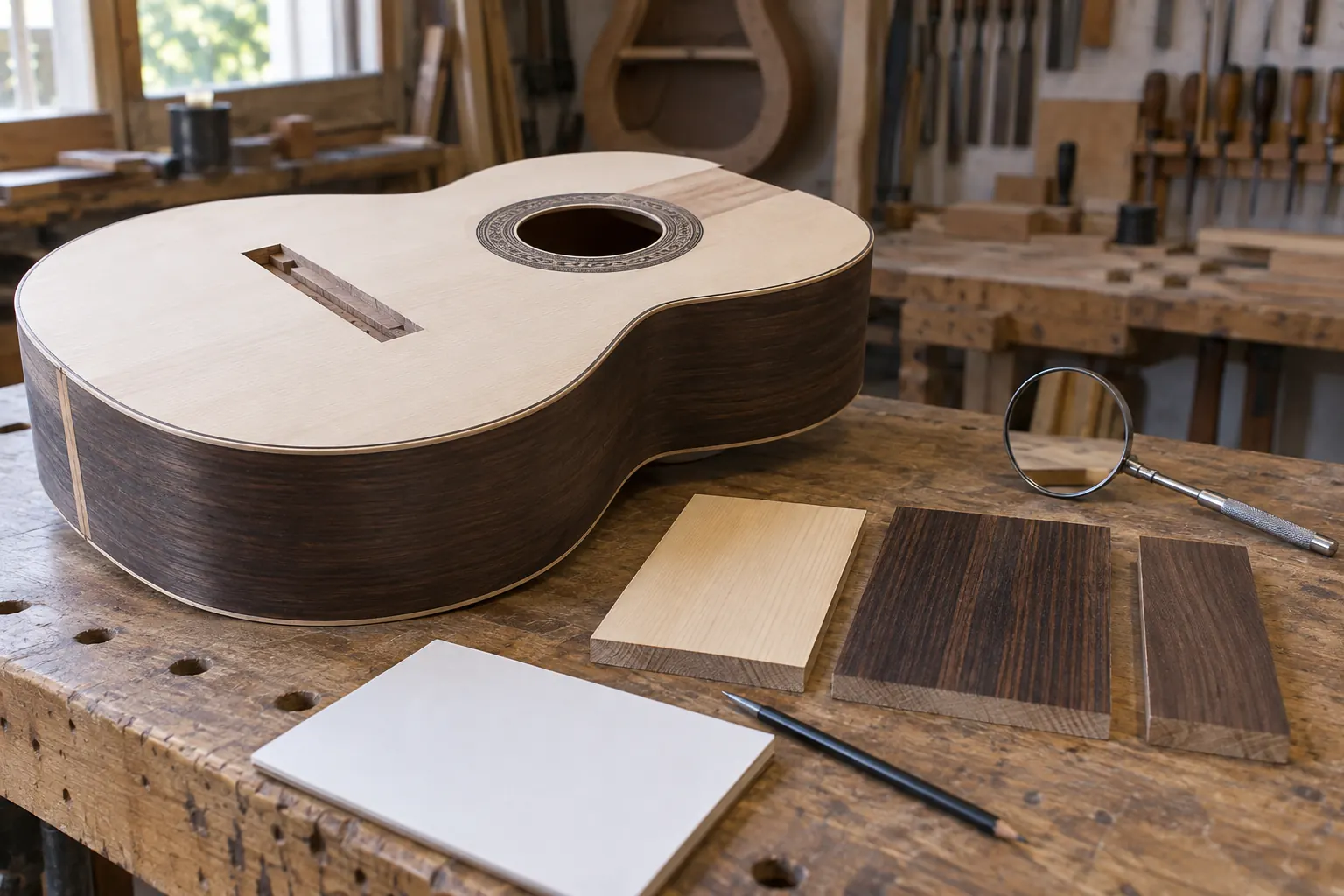 Illustrative classical guitar top back and side construction review