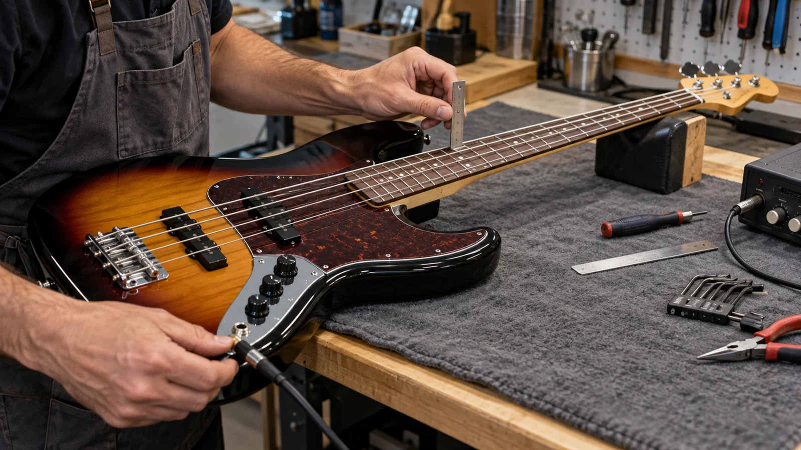 Illustrative electric bass electronics and setup inspection