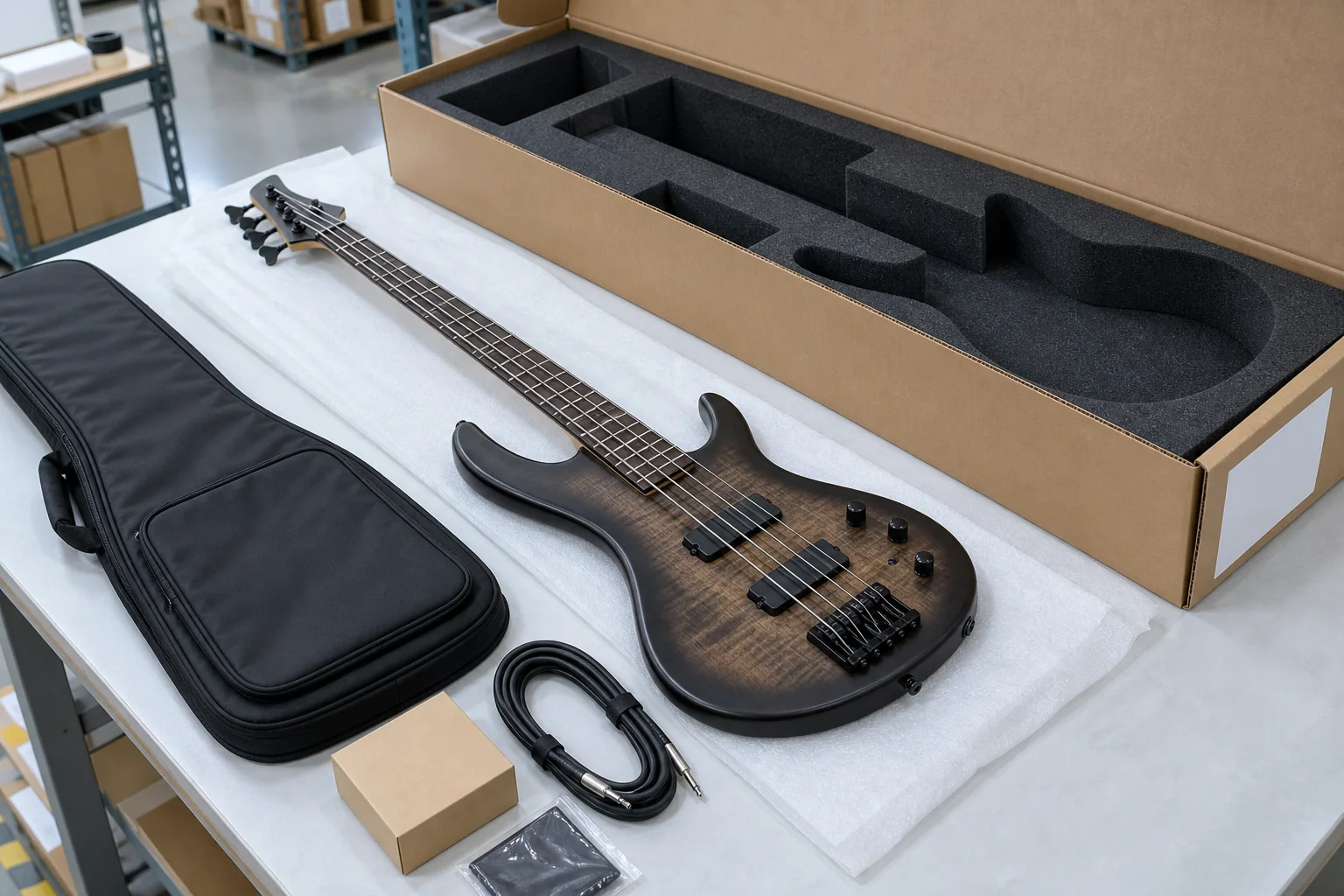 Illustrative electric bass packaging and pre-shipment check