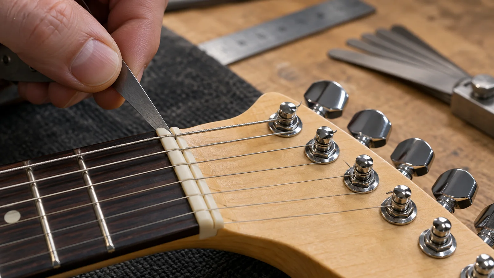 Illustrative electric guitar nut string path and tuner inspection