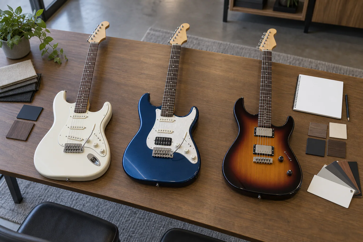Illustrative retailer assortment planning for HSS SSS and HH electric guitars