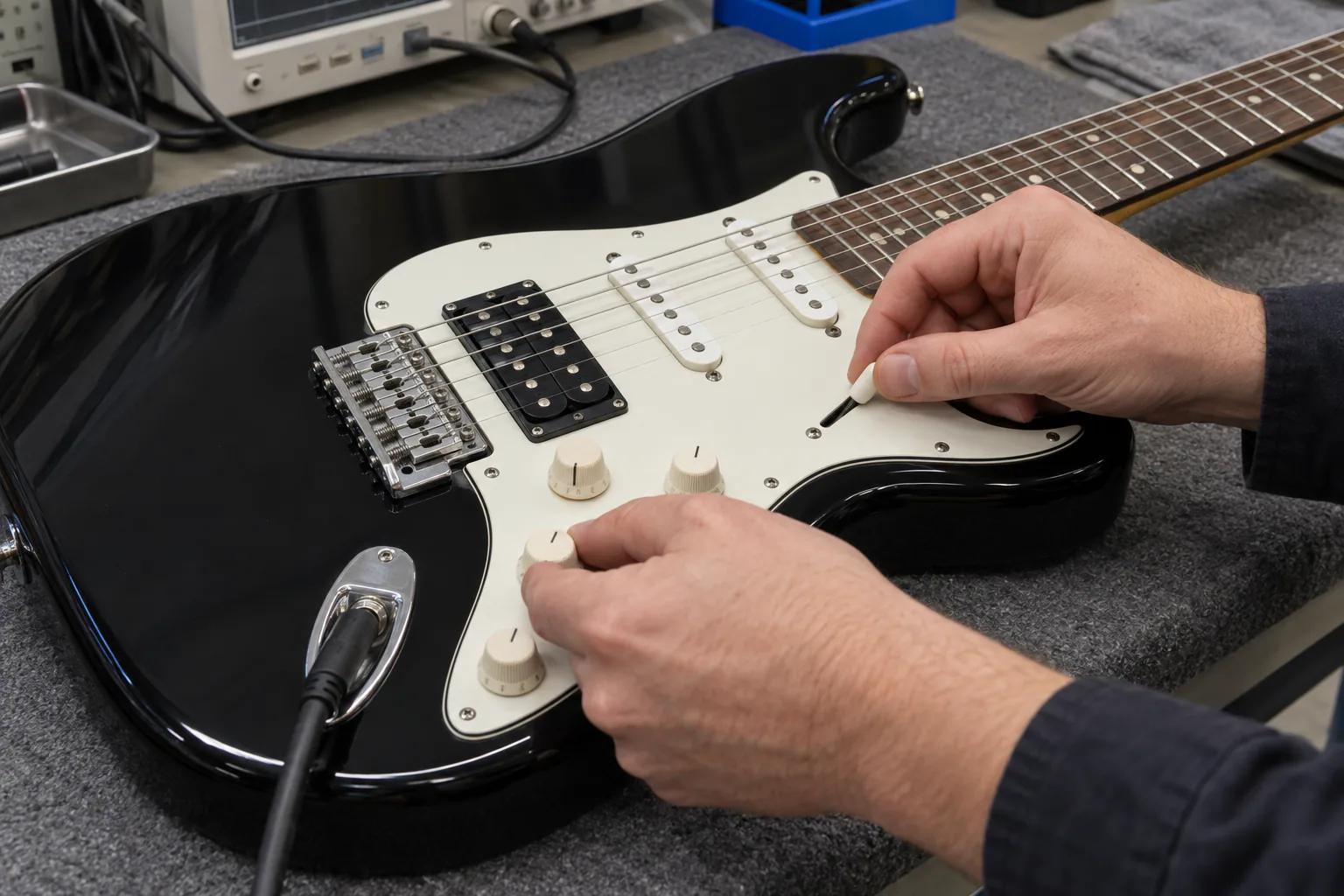 Illustrative electric guitar pickup switching and control test during sample approval