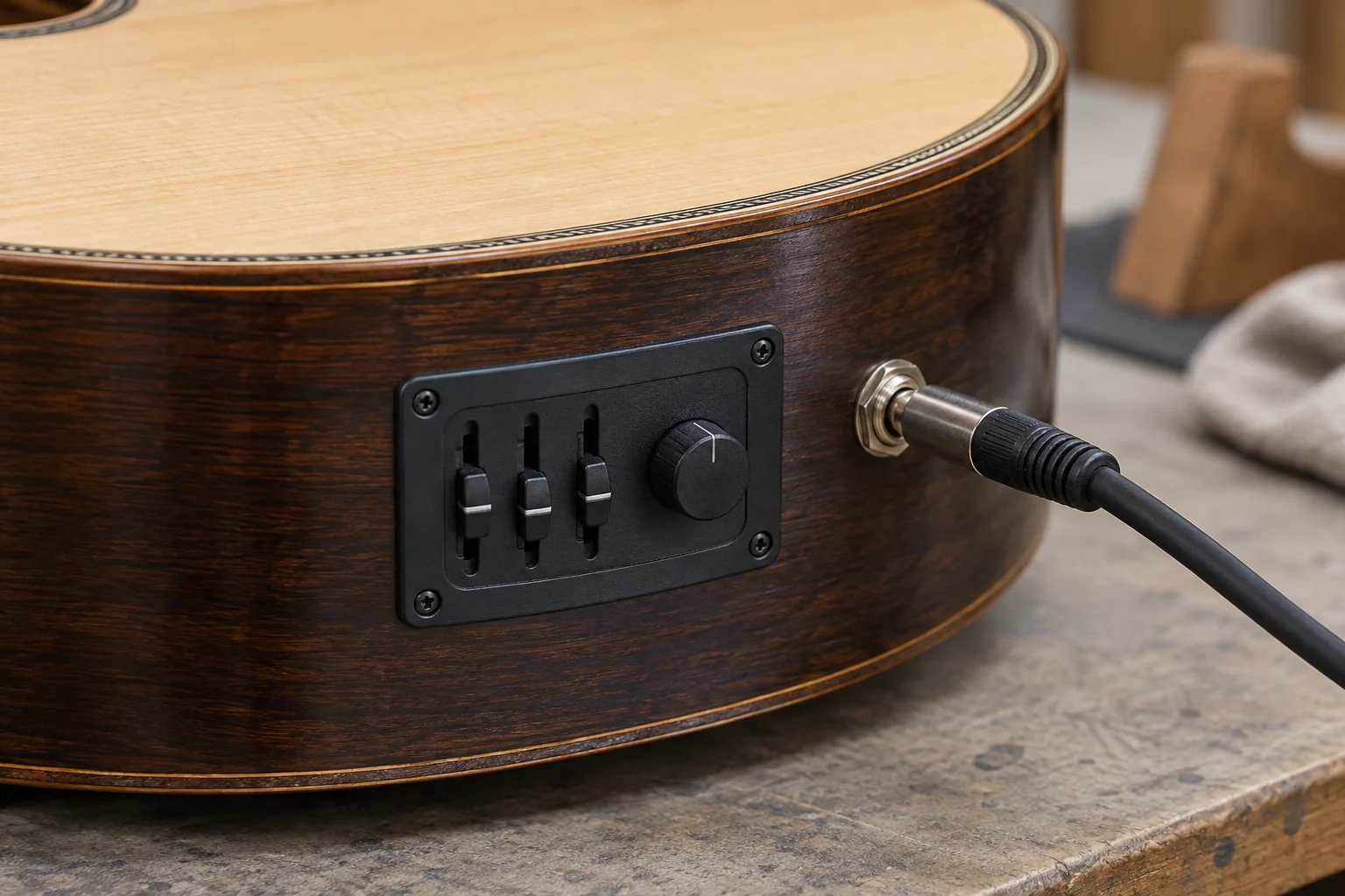 Illustrative electric viola caipira pickup and preamp control details