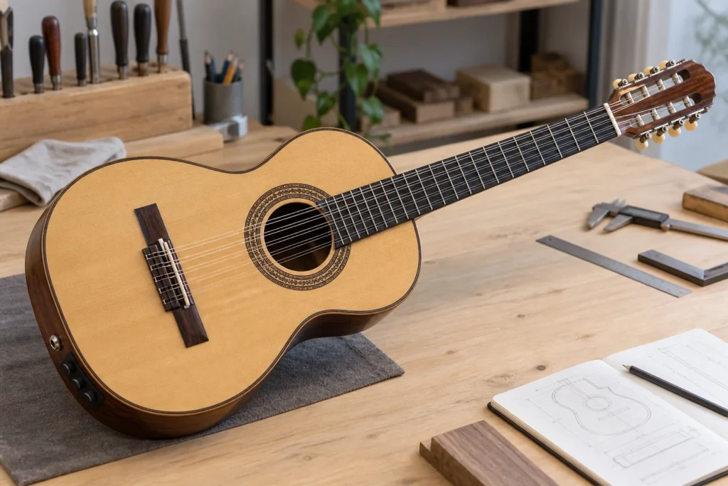 Illustrative electric viola caipira sample on a technical review table