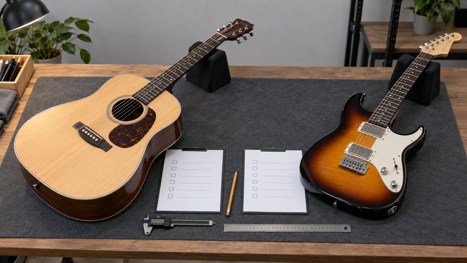 Illustrative guitar sample comparison using specification sheets and inspection notes.