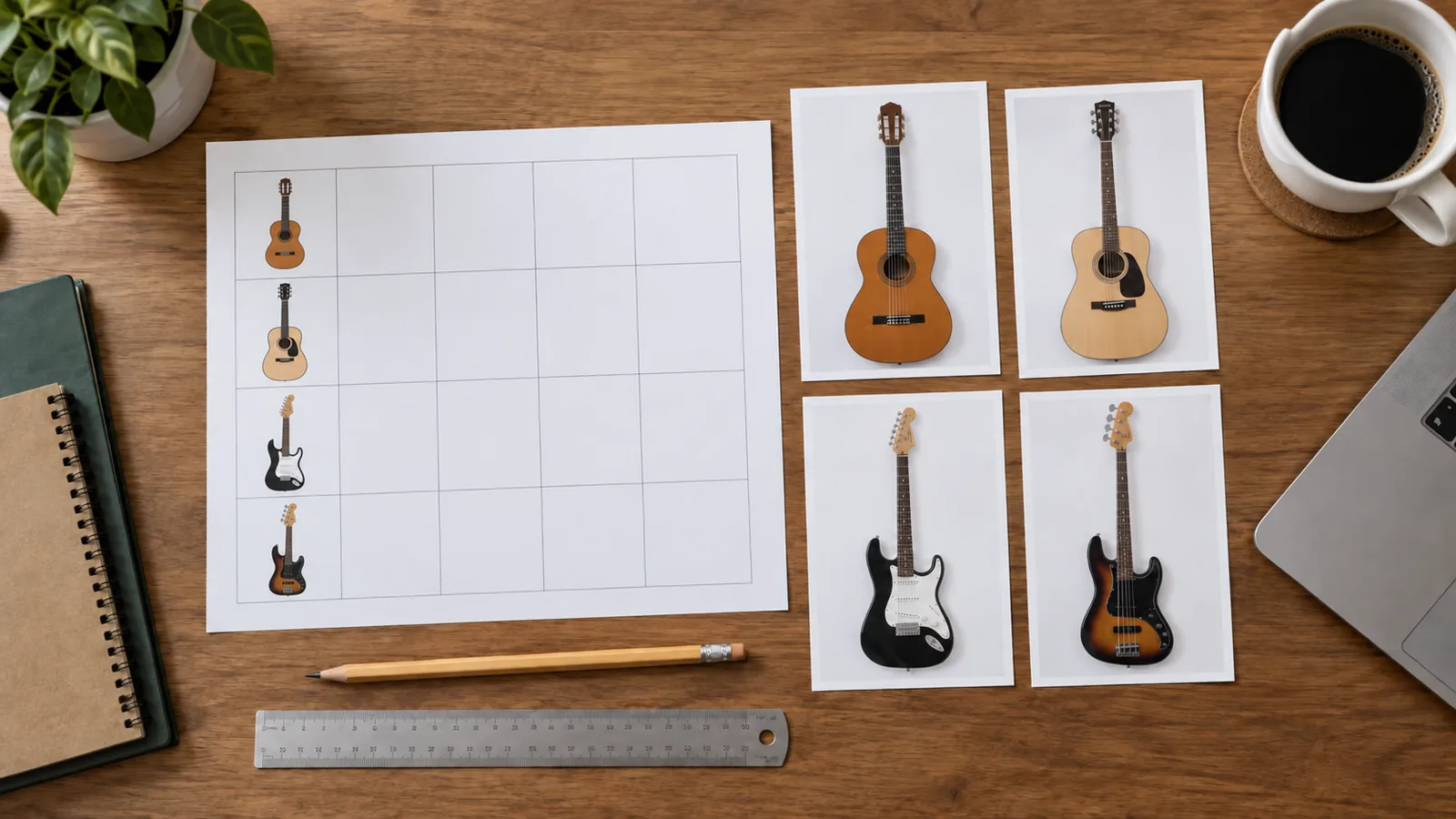 Illustrative wholesale guitar assortment matrix with product-role planning notes.