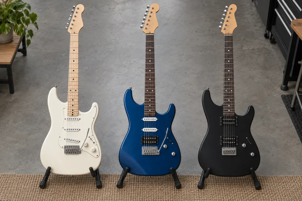 Illustrative HSS SSS and HH electric guitar pickup-layout comparison for retailers
