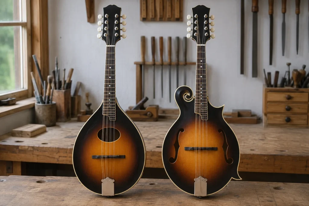 Illustrative comparison of an A-style and F-style mandolin
