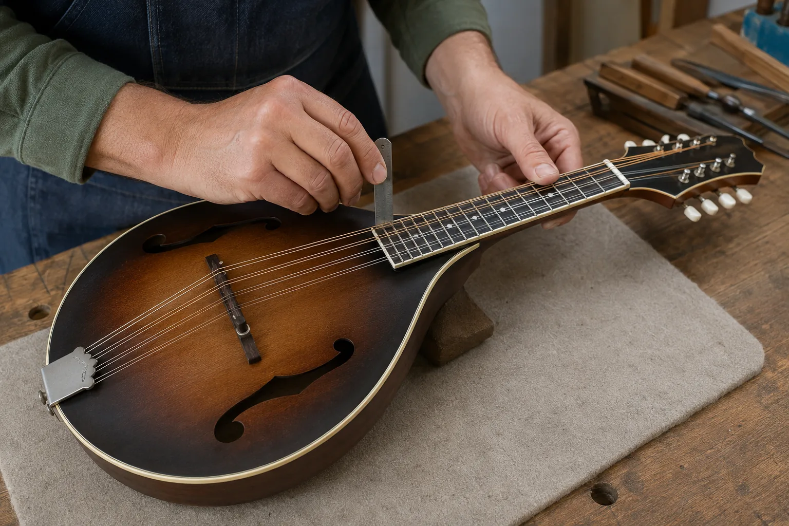 Mandolin sample inspection focused on fretwork and bridge setup