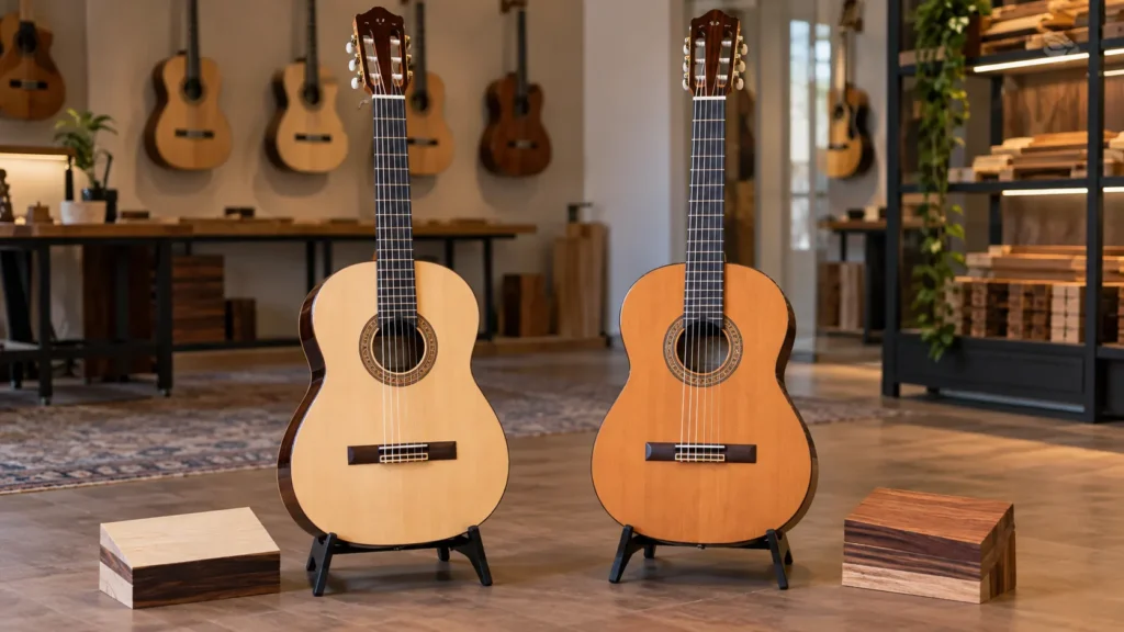 Illustrative solid-top and all-solid classical guitar construction comparison