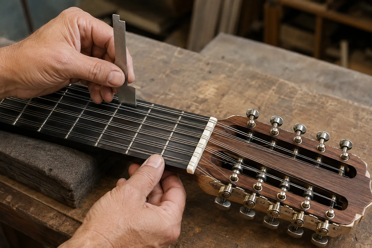 Illustrative viola caipira sample inspection at the nut and fretboard