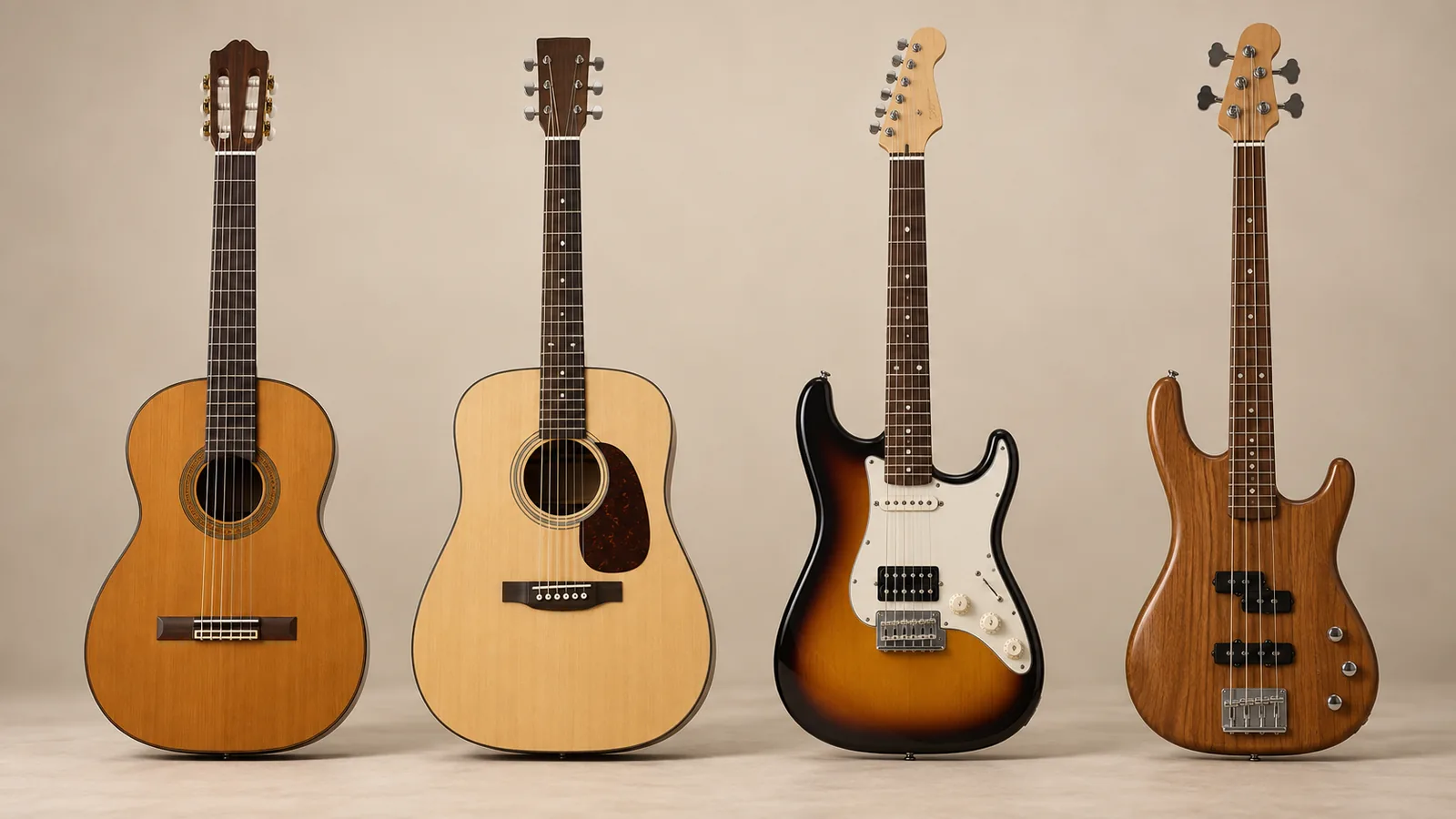Illustrative visual of classical, acoustic, electric and electric bass guitars for wholesale assortment planning.