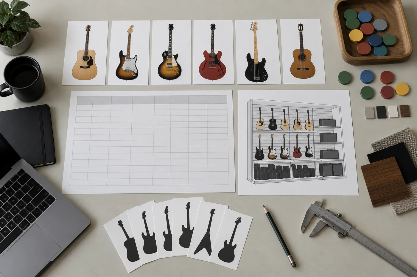Illustrative guitar assortment planning matrix for a music-store chain